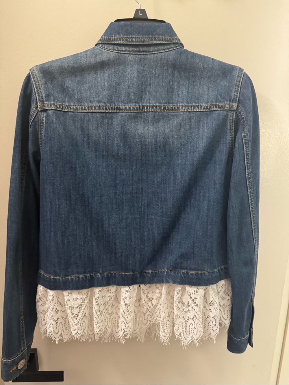 CAbi Dark Blue Denim Jacket with Contrast Stitching Lace Hem Removable - Picture 5 of 9